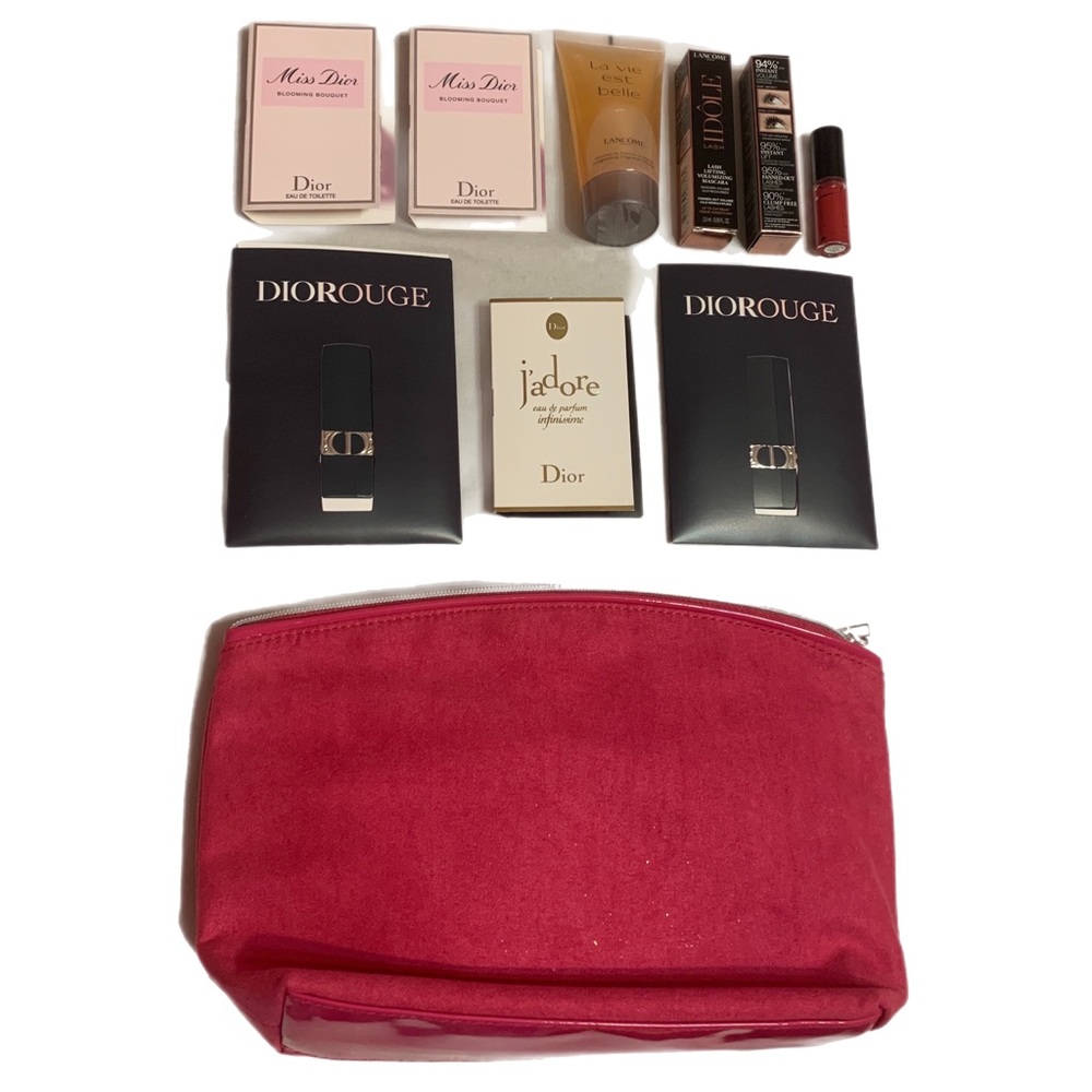 Hot pink suede makeup bag with sample lot